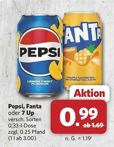 Pepsi, Fanta oder 7 Up versch. Sorten 0,33-l-Dose zzgl. 0,25 Pfand (1 l ab 3.00)