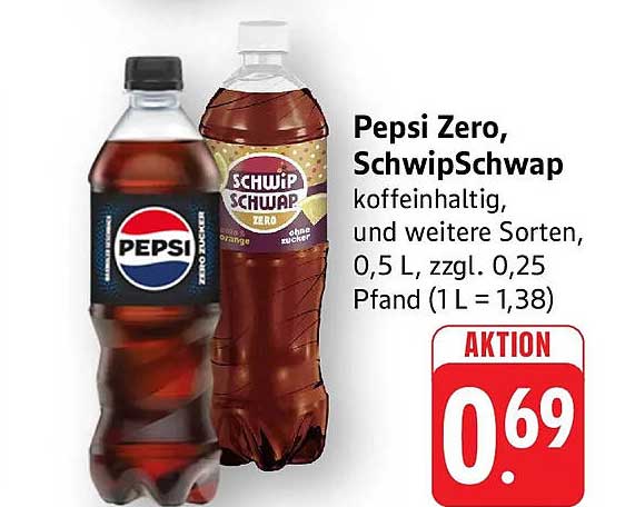 Pepsi Zero, SchwipSchwap koffeinhaltig, und weitere Sorten, 0,5 L, zzgl. 0,25 Pfand (1 L = 1,38)