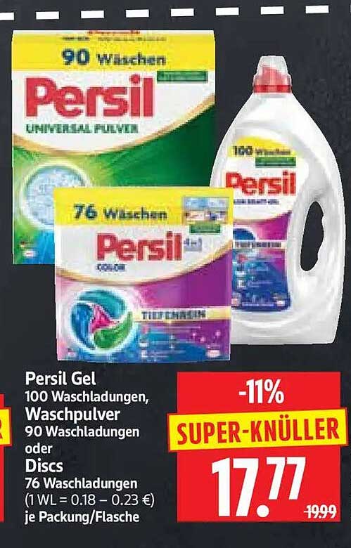 Persil Gel 100 Waschladungen, Waschpulver 90 Waschladungen oder Discs 76 Waschladungen (1 WL = 0.18 - 0.23 €) je Packung/Flasche
