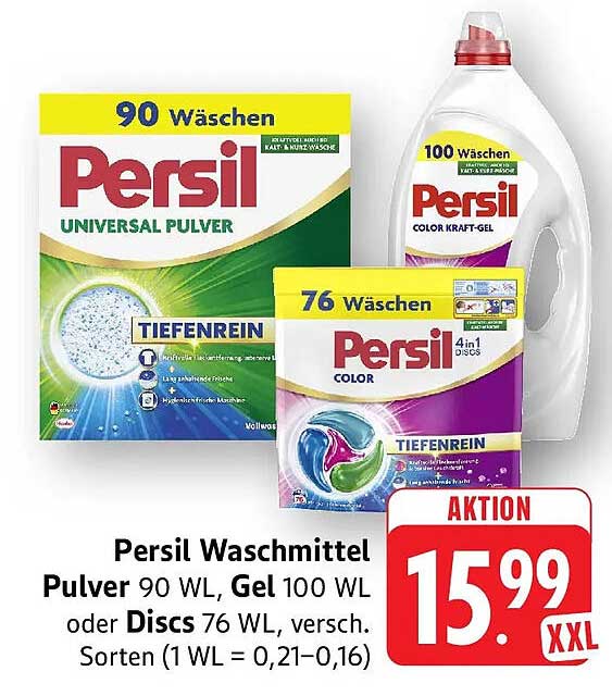 Persil Waschmittel Pulver 90 WL, Gel 100 WL oder Discs 76 WL, versch. Sorten (1 WL = 0,21-0,16)