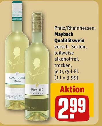 Pfalz/Rheinhessen: Maybach Qualitätswein versch. Sorten, teilweise alkoholfrei, trocken, je 0,75-l-Fl. (1 l = 3.99)