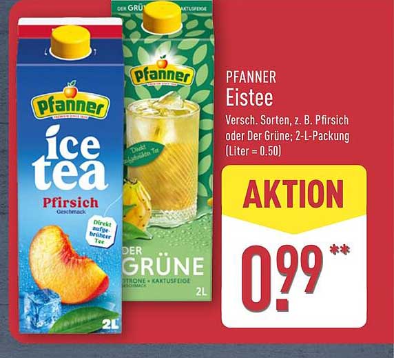 PFANNER Eistee Versch. Sorten, z. B. Pfirsich oder Der Grüne; 2-L-Packung (Liter = 0.50)