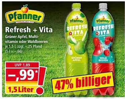 Pfanner Refresh + Vita Grüner Apfel, Multi-vitamin oder Waldbeeren je 1,5 l zzgl. 25 Pfand