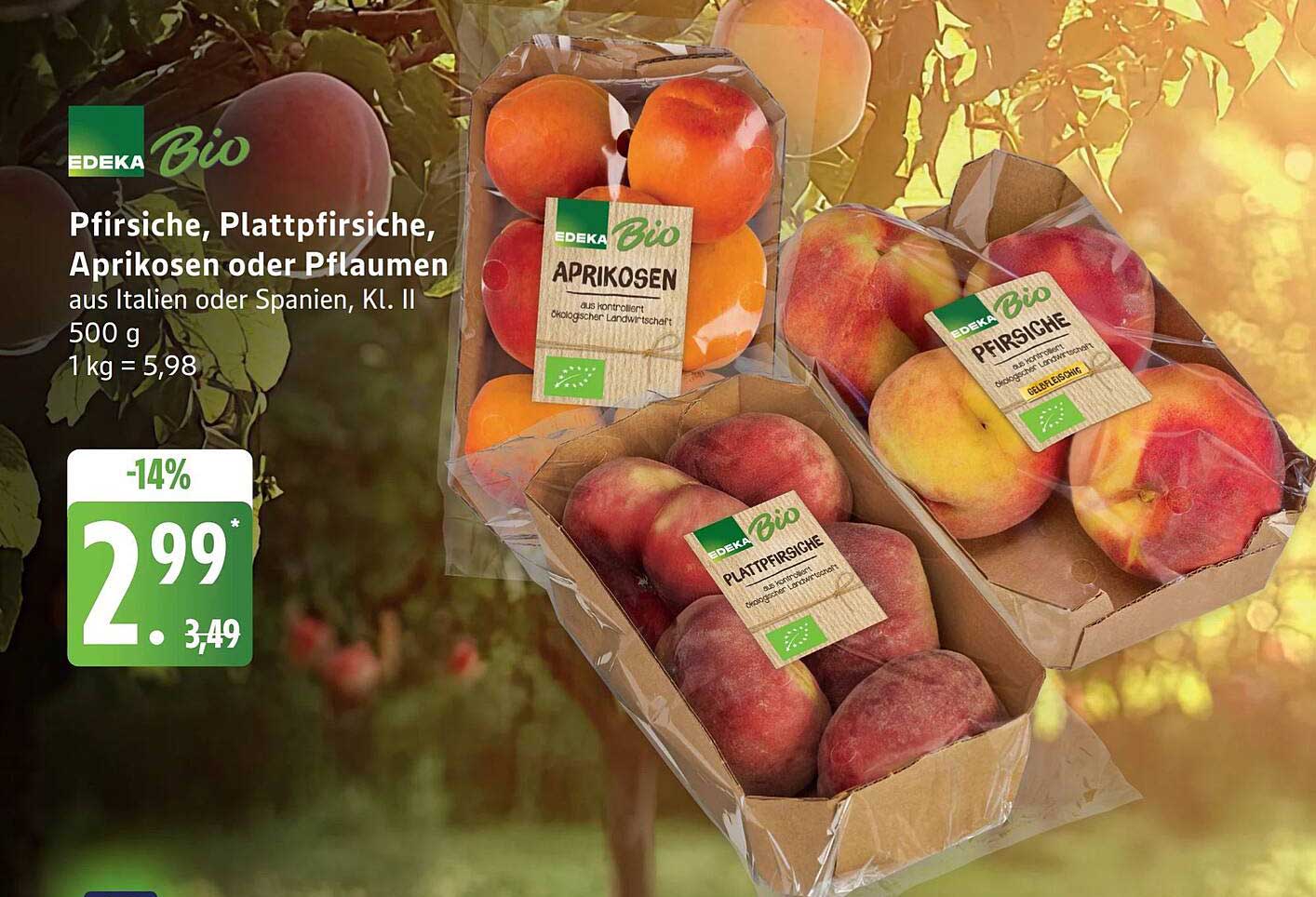Pfirsiche, Plattpfirsiche, Aprikosen oder Pflaumen aus Italien oder Spanien, Kl. II 500 g