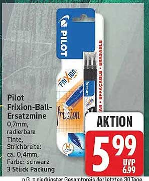 Pilot FriXion-Ball-Ersatzmine 0,7mm, radierbare Tinte, Strichbreite ca. 0,4mm, Farbe: schwarz 3 Stück Packung