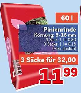 Pinienrinde Körnung: 8-16 mm 1 Sack: 1 l = 0,20 3 Säcke: 1 l = 0,18 (Abb. ähnlich)