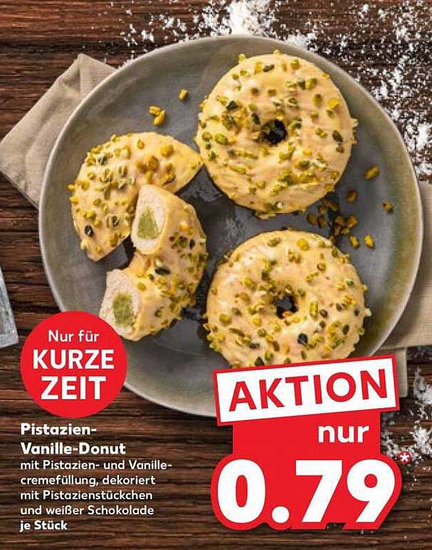 Pistazien-Vanille-Donut mit Pistazien- und Vanillecremefüllung, dekoriert mit Pistazienstückchen und weißer Schokolade je Stück