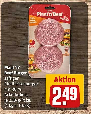 Plant ’n’ Beef Burger saftiger Rindfleischburger mit 30 % Ackerbohne, je 230-g-Packg. (1 kg = 10.83)