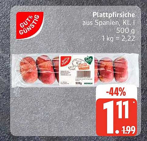 Plattpfirsiche aus Spanien, Kl. I 500 g 1 kg = 2,22