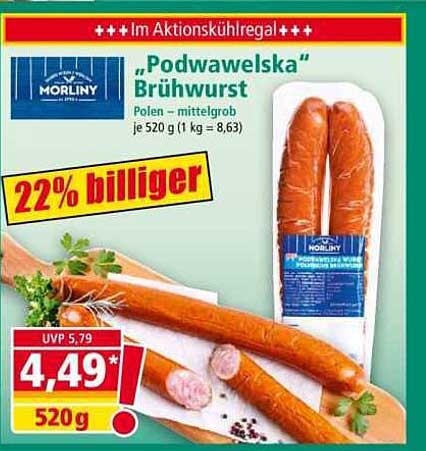 „Podwawelska“ Brühwurst Polen – mittelgrob je 520 g (1 kg = 8,63)