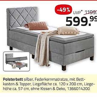 Polsterbett silber, Federkernmatratze, mit Bettkasten & Topper, Liegefläche ca. 120 x 200 cm, Liegehöhe ca. 57 cm, ohne Kissen & Deko, 136614200