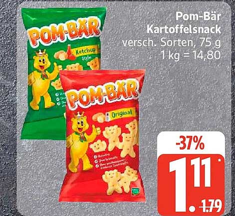 Pom-Bär Kartoffelsnack versch. Sorten, 75 g 1 kg = 14,80