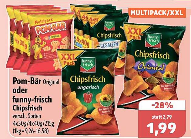 Pom-Bär Original oder funny-frisch Chipsfrisch versch. Sorten 4x30g/4x40g/215g (1kg=9,26-16,58)