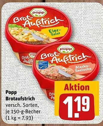 Popp Brotaufstrich versch. Sorten, je 150-g-Becher (1 kg = 7.93)