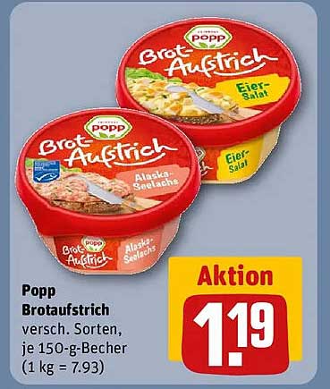 Popp Brotaufstrich versch. Sorten, je 150-g-Becher (1 kg = 7.93)