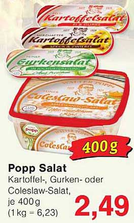 Popp Salat Kartoffel-, Gurken- oder Coleslaw-Salat, je 400 g