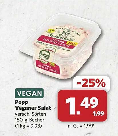 Popp Veganer Salat versch. Sorten 150-g-Becher (1 kg = 9.93)