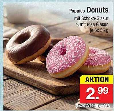 Poppies Donuts mit Schoko-Glasur o. mit rosa Glasur, je 6 x 55 g