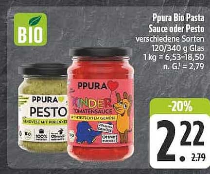 Ppura Bio Pasta Sauce oder Pesto Verschiedene Sorten 120/340 g Glas