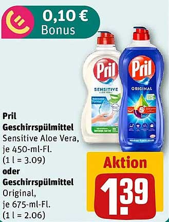 Pril Geschirrspülmittel Sensitive Aloe Vera, je 450-ml-Fl. (1 l = 3.09) oder Geschirrspülmittel Original, je 675-ml-Fl. (1 l = 2.06)