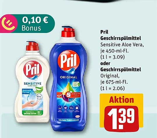 Pril Geschirrspülmittel Sensitive Aloe Vera, je 450-mL-Fl. (1 l = 3.09) oder Geschirrspülmittel Original, je 675-mL-Fl. (1 l = 2.06)