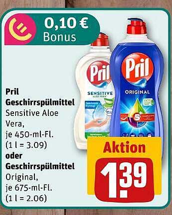 Pril Geschirrspülmittel Sensitive Aloe Vera, je 450-ml-Fl. (1 l = 3.09) oder Geschirrspülmittel Original, je 675-ml-Fl. (1 l = 2.06)