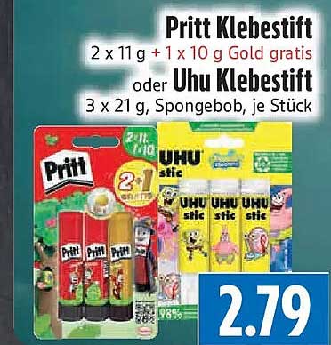 Pritt Klebestift 2 x 11 g + 1 x 10 g Gold gratis oder Uhu Klebestift 3 x 21 g, Spongebob, je Stück