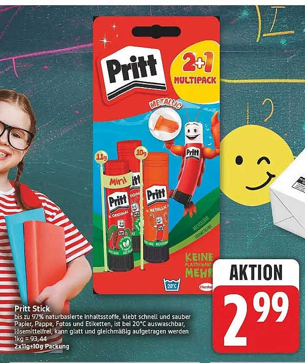 Pritt Stick bis zu 97% naturbasierte Inhaltsstoffe, klebt schnell und sauber Papier, Pappe, Fotos und Etiketten, ist bei 20°C auswaschbar, Dosenkleber kann glatt und gleichmäßig aufgetragen werden, 2x11g+10g Packung