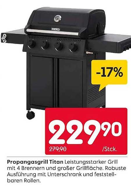Propangasgrill Titan Leistungsstarker Grill mit 4 Brennern und großer Grillfläche. Robuste Ausführung mit Unterschrank und feststellbaren Rollen.