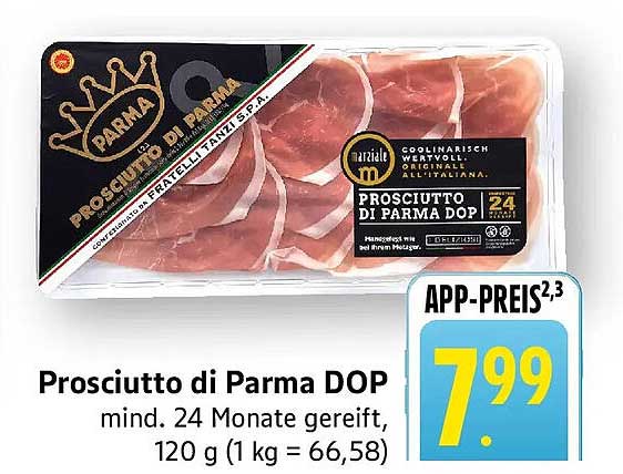 Prosciutto di Parma DOP mind. 24 Monate gereift, 120 g (1 kg = 66,58)
