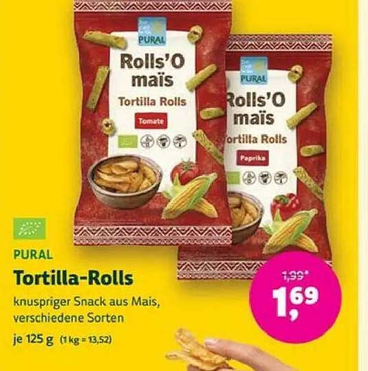 PURAL Tortilla-Rolls knuspriger Snack aus Mais, verschiedene Sorten je 125 g (1 kg = 13,52)