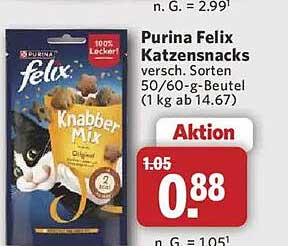Purina Felix Katzensnacks versch. Sorten 50/60-g-Beutel (1 kg ab 14.67)