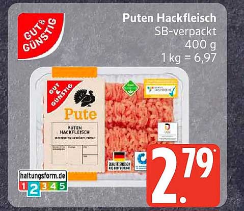 Puten Hackfleisch SB-verpackt 400 g 1 kg = 6,97