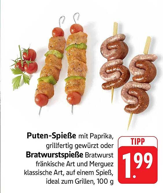 Puten-Spieße mit Paprika, grillfertig gewürzt oder Bratwurstspieße Bratwurst fränkische Art und Merguez klassische Art, auf einem Spieß, ideal zum Grillen, 100 g