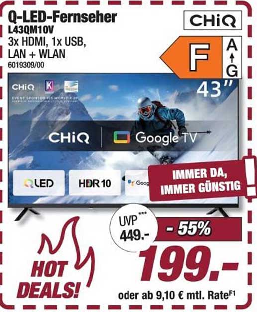 Q-LED-Fernseher L43QM10V 3x HDMI, 1x USB, LAN + WLAN