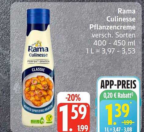 Rama Culinesse Pflanzencreme versch. Sorten 400 - 450 ml 1 L = 3,97 - 3,33