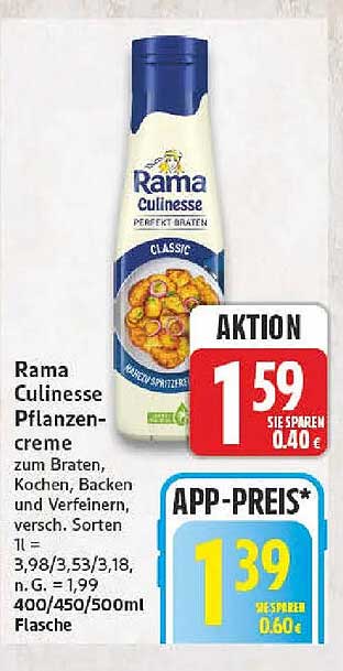 Rama Culinesse Pflanzencreme zum Braten, Kochen, Backen und Verfeinern, versch. Sorten 1l = 3,98/3,53/3,18, n.G. = 1,99 400/450/500ml Flasche