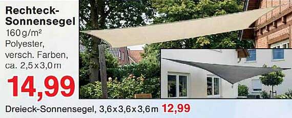 Rechteck-Sonnensegel 160 g/m² Polyester, versch. Farben, ca. 2,5 x 3,0 m