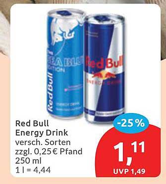 Red Bull Energy Drink versch. Sorten zzzgl. 0,25€ Pfand 250 ml 1 l = 4,44