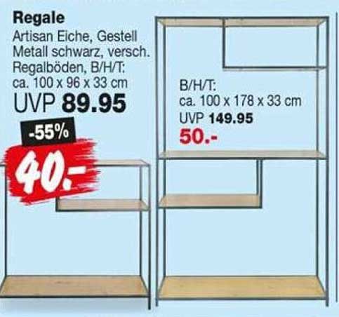 Regale Artisan Eiche, Gestell Metall schwarz, versch. Regalböden, B/H/T: ca. 100 x 96 x 33 cm