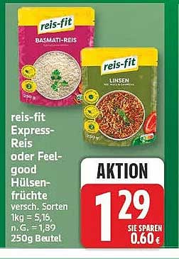 reis-fit Express-Reis oder Feel-good Hülsenfrüchte versch. Sorten 1kg = 5,16, n. G. 250g Beutel
