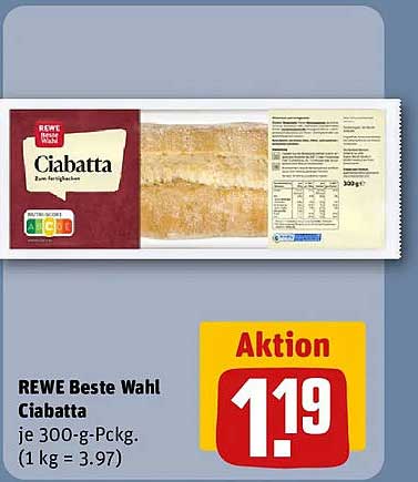 REWE Beste Wahl Ciabatta je 300-g-Packg. (1 kg = 3.97)