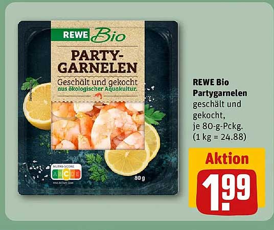 REWE Bio Partygarnelen geschält und gekocht, je 80-g-Packg. (1 kg = 24.88)