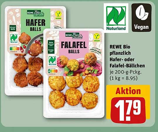 REWE Bio pflanzlich Hafer- oder Falafel-Bällchen je 200-g-Pckg. (1 kg = 8.95)