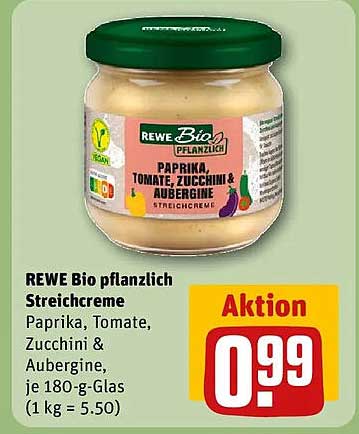 REWE Bio pflanzlich Streichcreme Paprika, Tomate, Zucchini & Aubergine, je 180-g-Glas (1 kg = 5.50)
