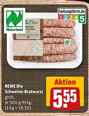 REWE Bio Schweine-Bratwurst grob, je 300-g-Pckg. (1 kg = 18.50)