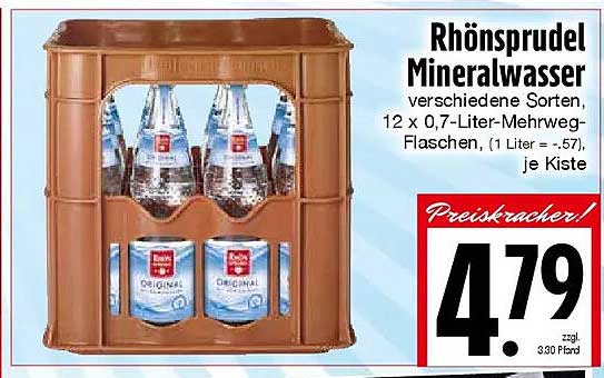 Rhönsprudel Mineralwasser verschiedene Sorten, 12 x 0,7-Liter-Mehrweg-Flaschen, (1 Liter = .57), je Kiste