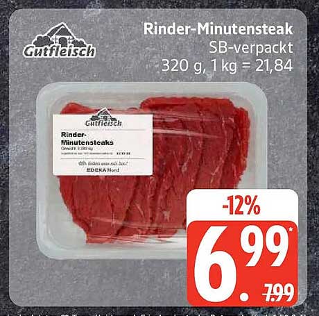 Rinder-Minutensteak SB-verpackt 320 g, 1 kg = 21,84