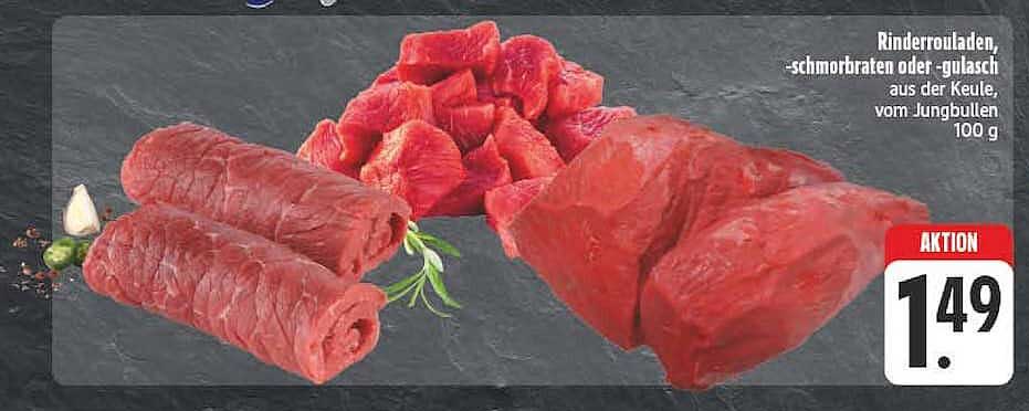 Rinderrouladen, -schmorbraten oder -gulasch aus der Keule, vom Jungbullen 100 g