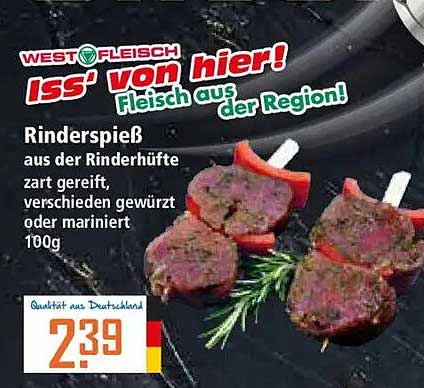 Rinderspieß aus der Rinderhüfte, zart gereift, verschieden gewürzt oder mariniert, 100g